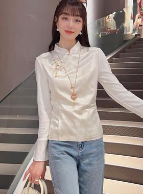 2026年春季蝴蝶醋酸加绒百搭立领修身弹力衬衣7404