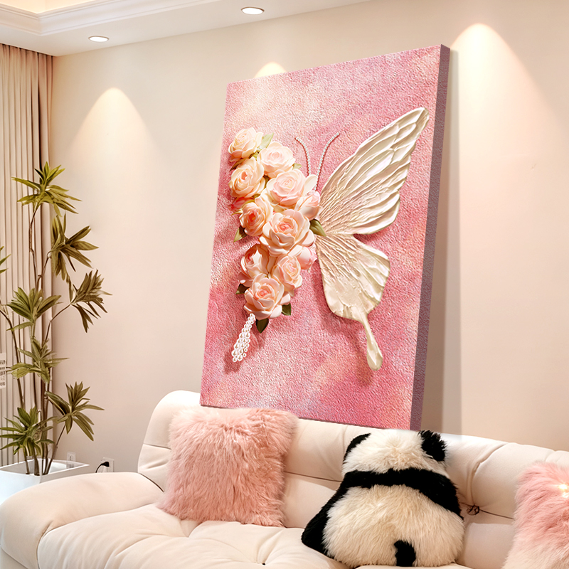 奶油风蝴蝶粉色花卉客厅装饰画
