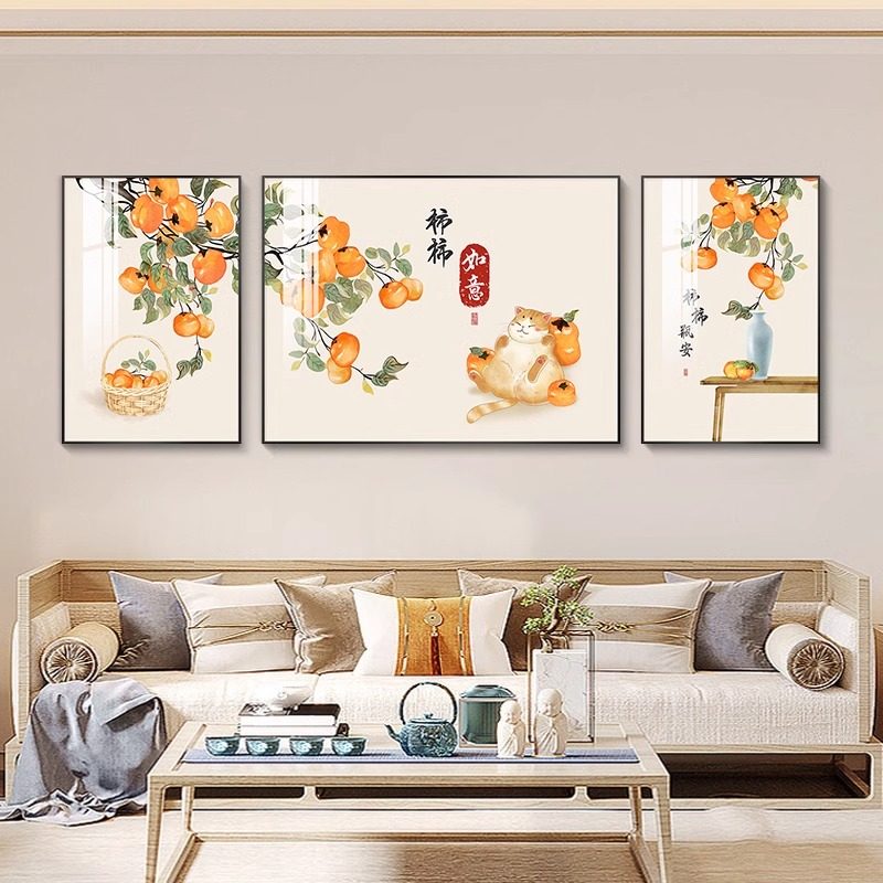 柿柿如意猫咪客厅装饰画现代简约沙发背景墙挂画平安喜乐三联壁画,家居饰品,现代装饰画,淘宝优惠券,粉丝福利购,淘宝优惠卷