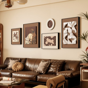 中古风高级感客厅装饰画法式复古沙发背景墙挂画马到成功组合壁画