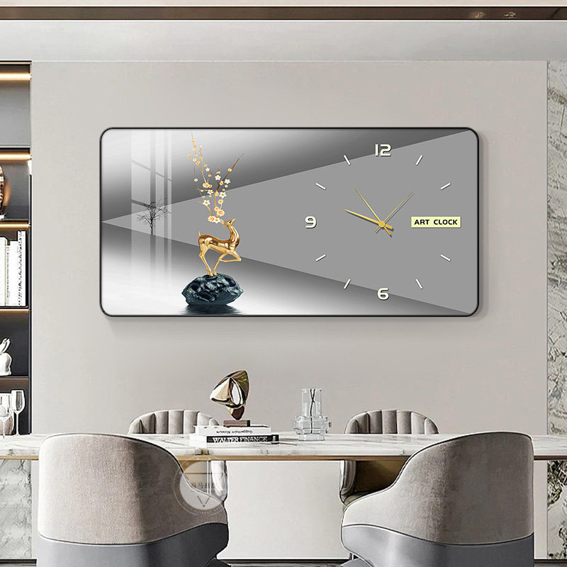 现代轻奢餐厅装饰画家用挂钟饭厅餐桌背景墙壁画新款静音钟表墙画