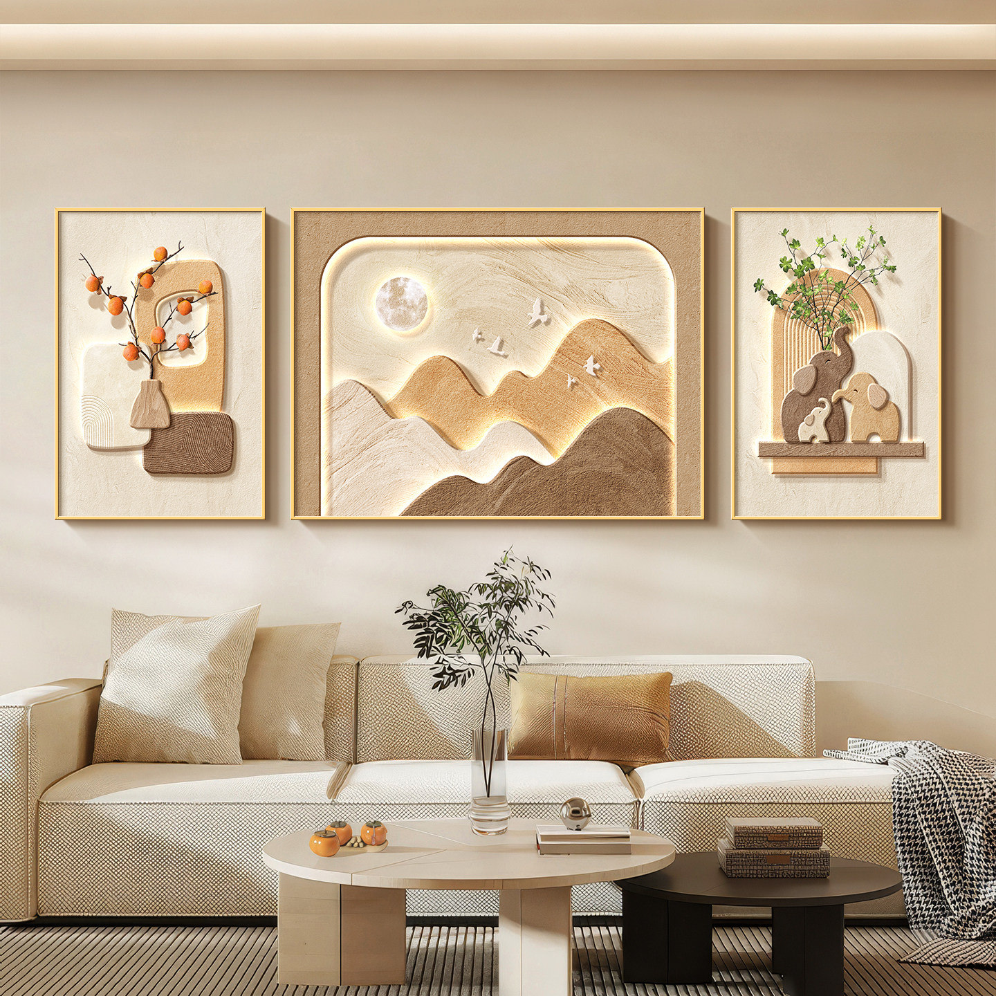 日照金山奶油风客厅装饰画高级感沙发背景墙挂画轻奢大气三联壁画,家居饰品,现代装饰画,淘宝优惠券,粉丝福利购,淘宝优惠卷