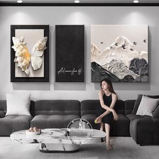 法式中古风客厅装饰画高级感蝴蝶沙发背景墙挂画2025新款组合壁画