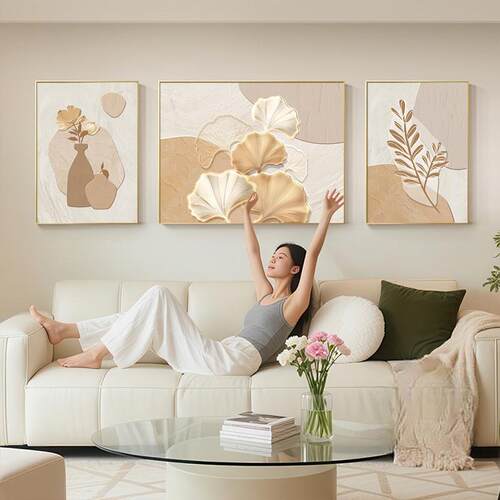 2025新款奶油风银杏叶客厅装饰画