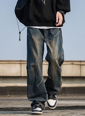 BLACBUK美式复古牛仔裤男士高街宽松阔腿裤子休闲直筒工装裤A196