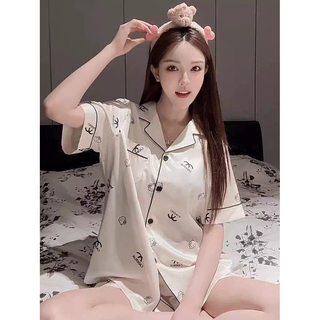 小香风kitty猫睡衣夏冰雪丝短袖三件套开衫高级感甜美女生带胸垫