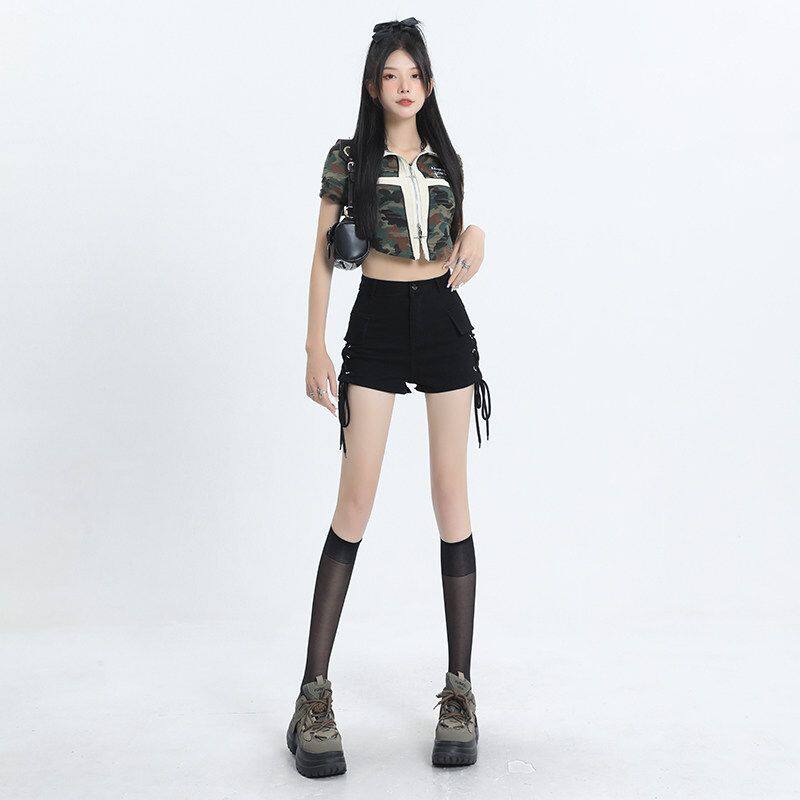 MASS黑色短裤女春夏2025新款辣妹修身显瘦美式设计感绑带牛仔热裤