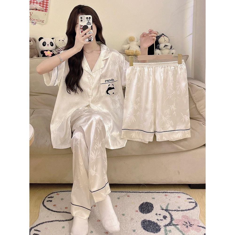 国风熊猫冰丝绸女睡衣三件套春秋季短袖带胸垫大码家居服夏天薄款
