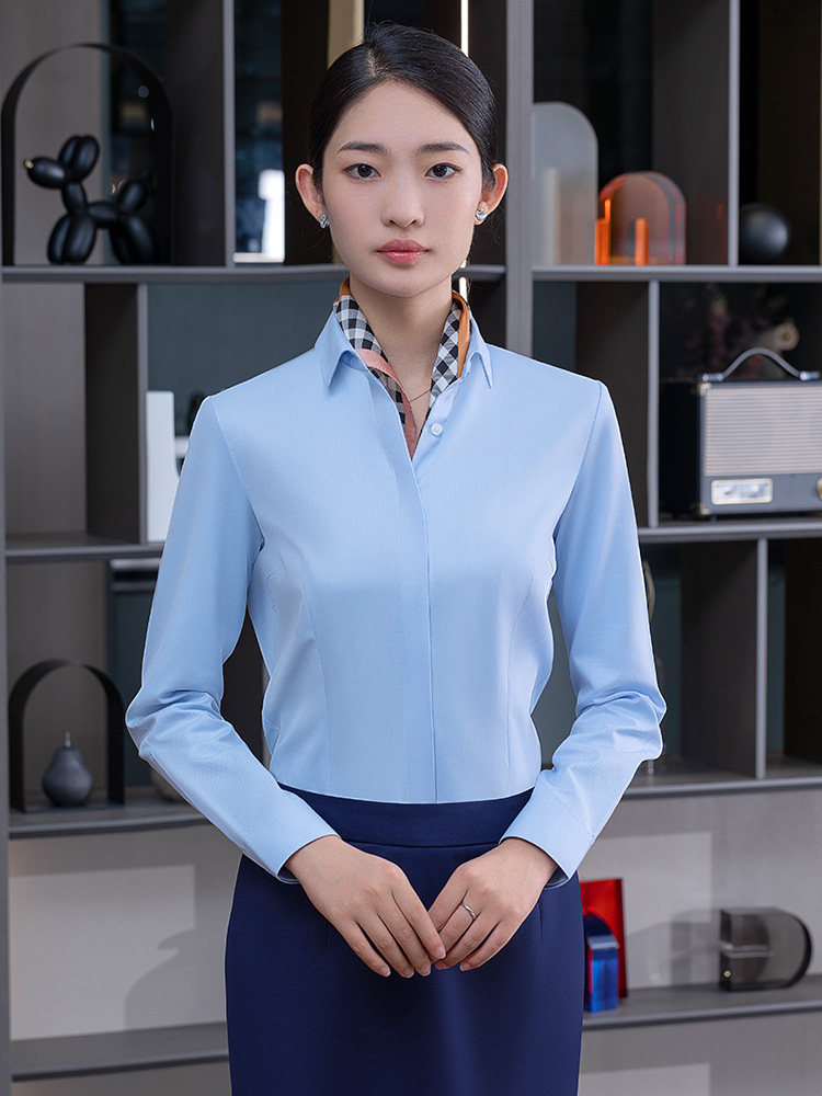 JTO蓝色衬衫女长袖白职业衬衣工作服气质修身商务工装秋冬上衣女