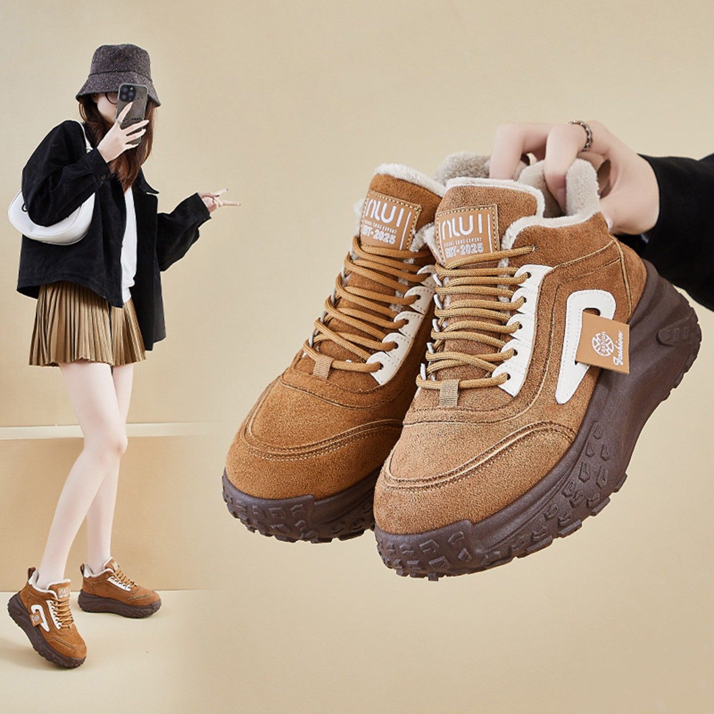 福建晋江品牌帕拉女鞋2025新款秋冬女士加绒老爹鞋运动休闲鞋子潮