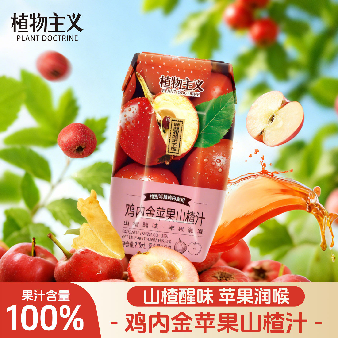 植物主义鸡内金苹果山楂汁饮料100%苹果汁儿童开味饮料210ml*12瓶