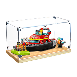 木质收纳盒适用乐高60373 消防救援艇模型玩具收纳亚克力展示盒