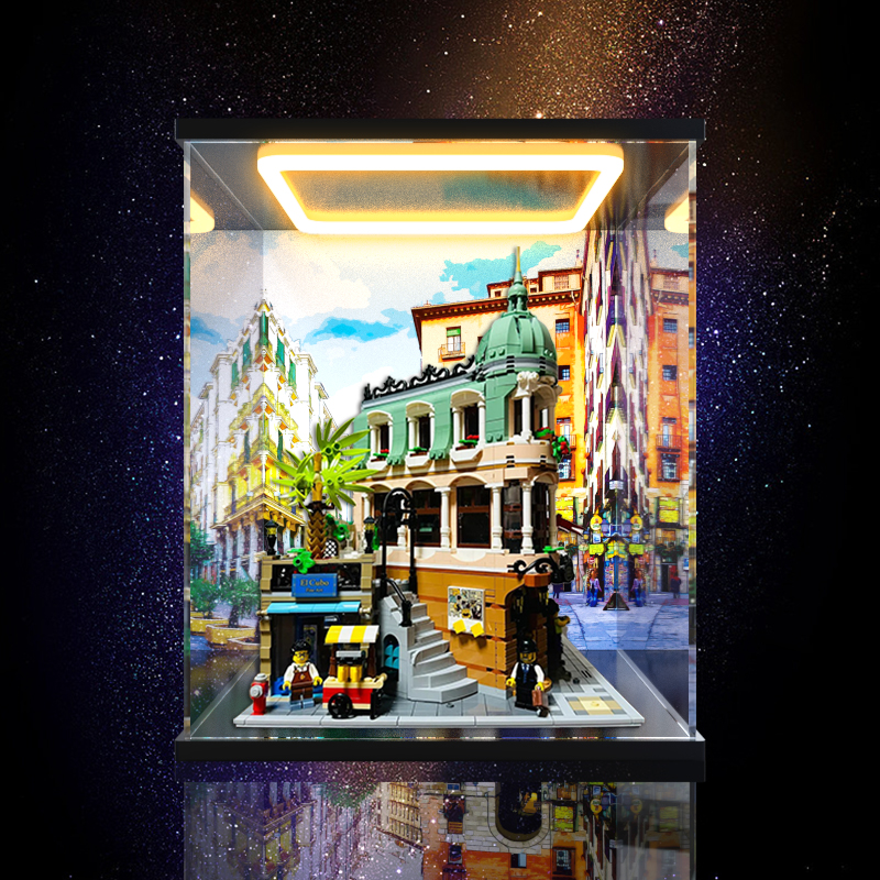 适用乐高转角精品酒店10297积木模型防尘灯光回灯款亚克力展示盒