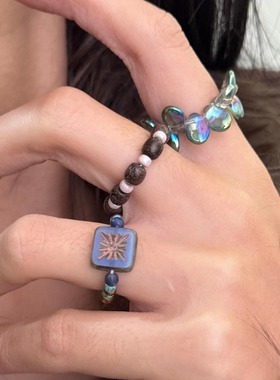 原创小众彩色琉璃珠串珠捷克珠戒指民族风古董珠复古戒指指环戒圈