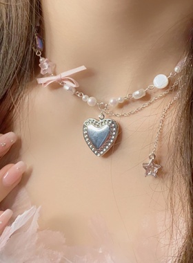 银色大爱心蝴蝶结串珠项链小众设计感甜美可爱少女心时尚百搭饰品