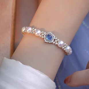 海宝蓝仿珍珠手链女小众设计时尚简约气质高级感网红轻奢弹力手环