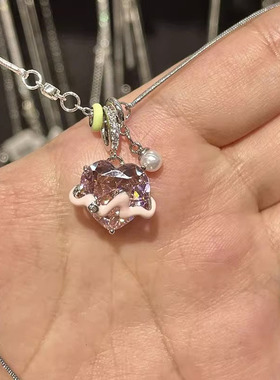 小红书同款粉色水晶爱心项链女高级感珐琅滴釉珍珠锁骨链甜美气质