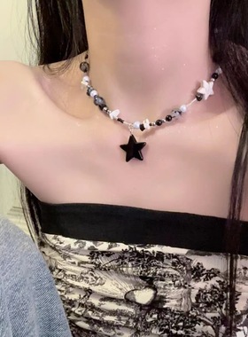 黑色星星串珠项链女小众设计感甜酷风辣妹多巴胺配饰夏锁骨链女