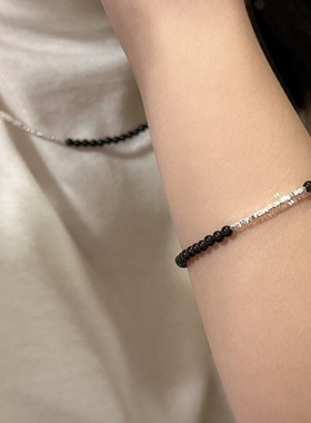 韩版小众设计感黑色玻璃珠串珠颈链碎银子项链韩国简约时髦锁骨链