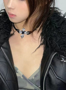 y2k小众复古十字架组合项链串珠项圈 choker欧美风锁骨链爱心项链