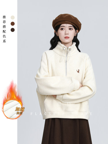 半拉炼加绒加厚卫衣女秋冬2025新款宽松设计感立领无帽套头上衣潮