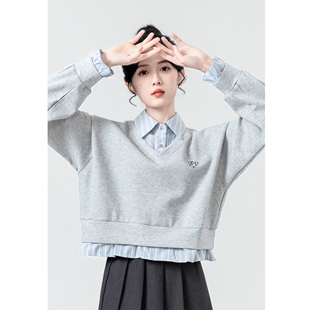 POLO領套頭短款 上衣 設計感拼接襯衫 灰色假兩件衛衣女春秋2025新款