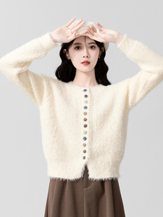 马海毛毛衣外套女秋冬2025新款软糯加绒加厚水貂绒针织开衫短上衣