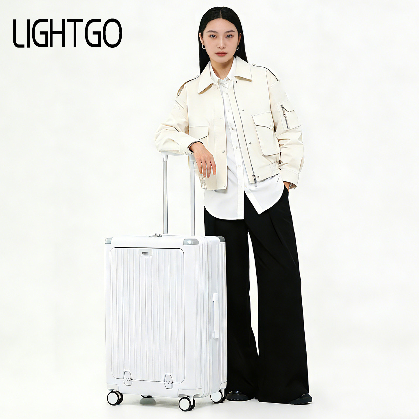 LIGHTGO前开行李箱女商务20寸登机箱男可扩容快捷取物拉杆旅行箱