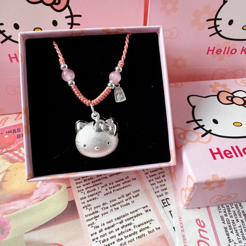 儿童足银999猫头纯银hellokitty编绳凯蒂猫银项链吊坠送女友礼物