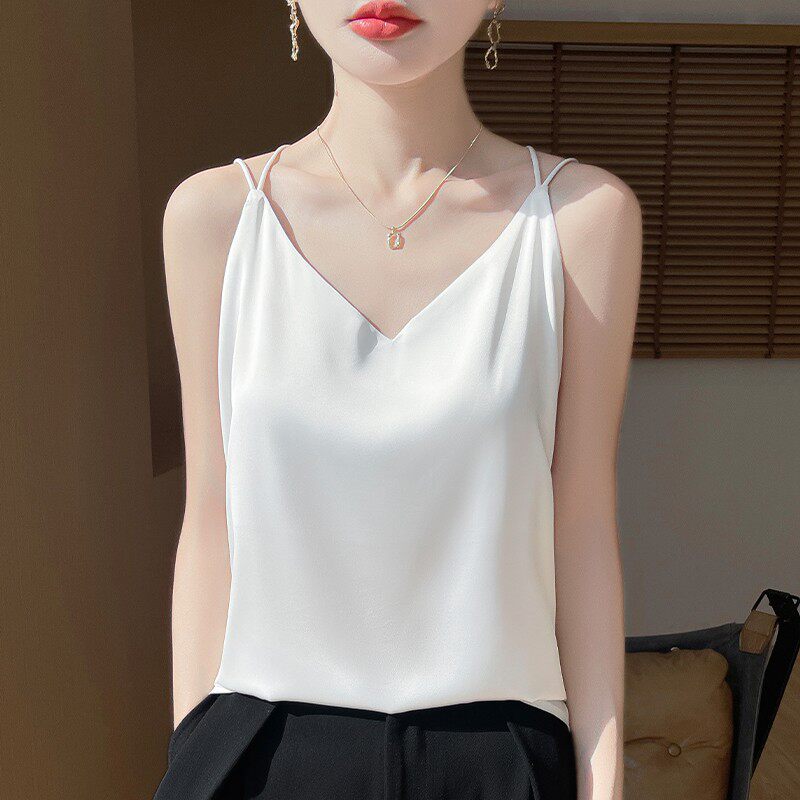 新款吊带背心夏季外穿女内白色西装无袖打底醋酸缎面宽松上衣