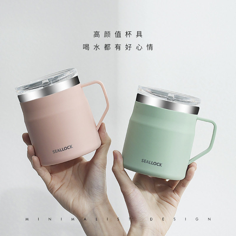 304不锈钢咖啡杯保温水杯杯子密封带盖304马克杯节日礼物温柔粉
