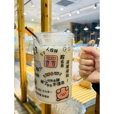 1000ml大容量玻璃杯带把手带盖创意水杯办公室耐高温吸管牛奶杯子