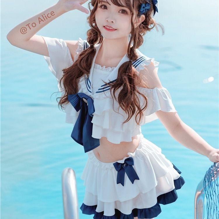 泳衣女款初中生微胖女孩可爱夏日萤海蓝分体泳衣女荷叶边海军风短