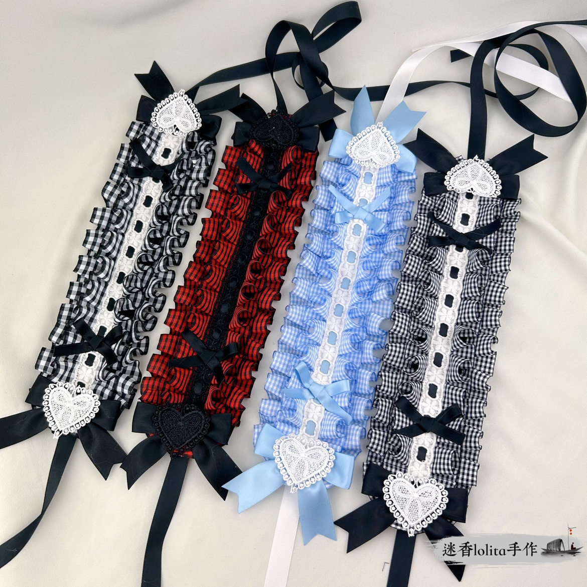 原创lolita格子爱心蕾丝发带bestwishes美好祝愿格子jsk配饰