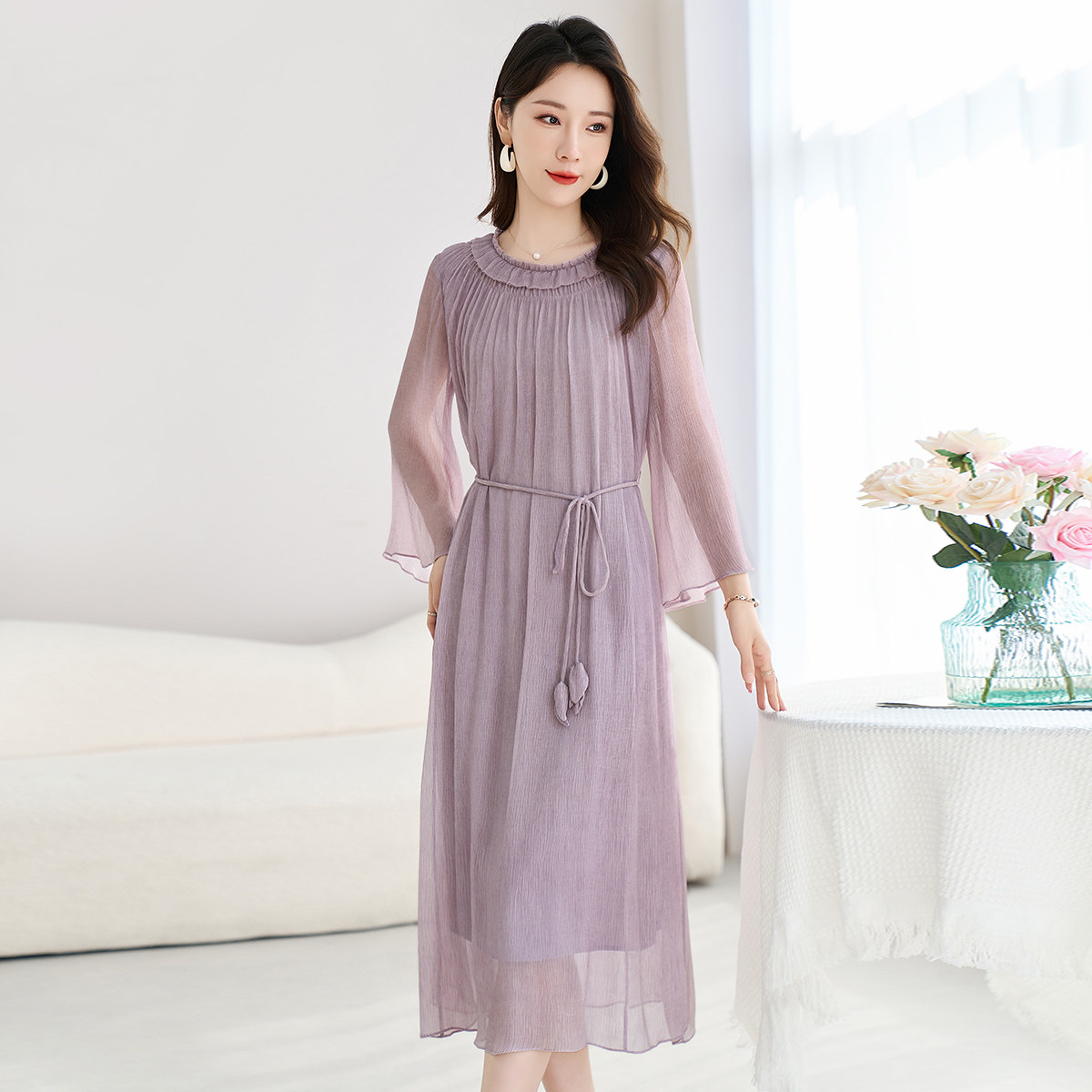 优雅中长款女士桑蚕丝连衣裙女夏图片