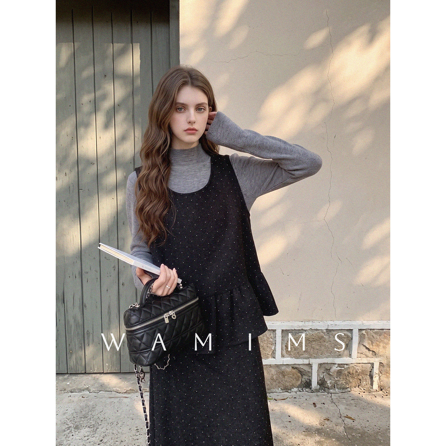 WAMIMS复古内搭波点毛呢吊带半身裙三件套女秋冬新款法式显瘦高领
