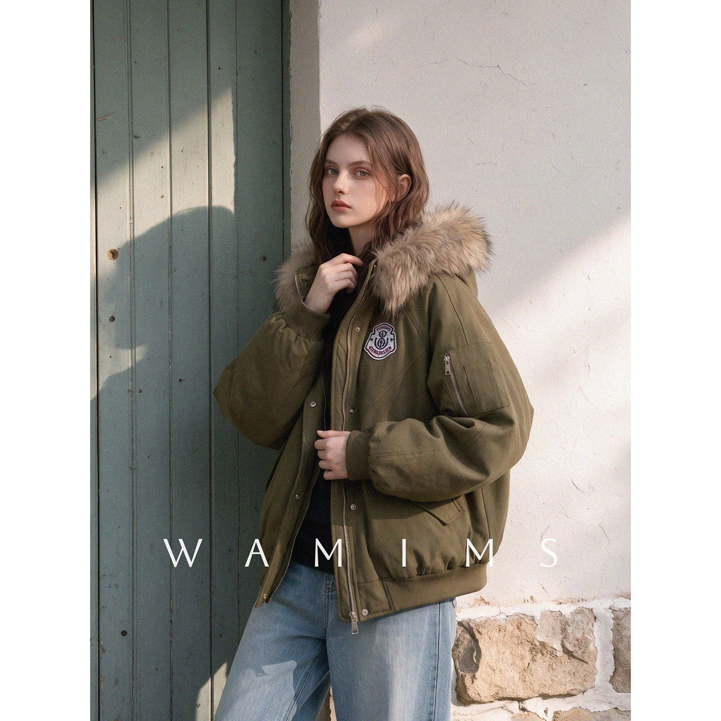 WAMIMS军绿色工装大毛领连帽派克服女冬季新款90白鸭绒羽绒服外套