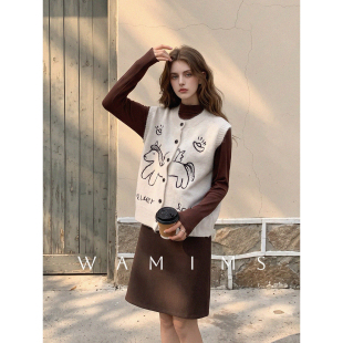 WAMIMS韩系打底衫针织马甲短裙三件套女秋冬新款洋气俏皮减龄套装