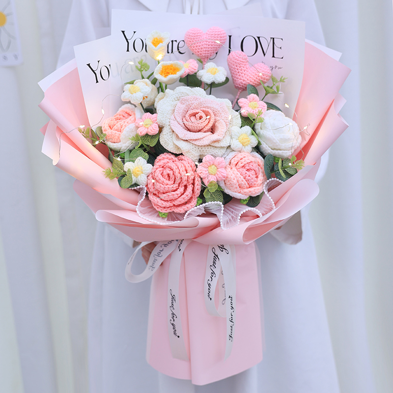 浪漫针织花束送女朋友闺蜜实用毛线 线花成品泰国玫瑰生日礼物大