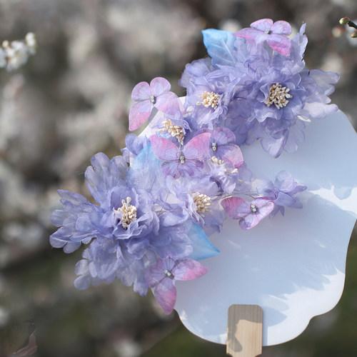 仲夏梦 国风薄纱纱绢粉紫水彩烫花蝴蝶发夹汉服旗袍新中式对边夹