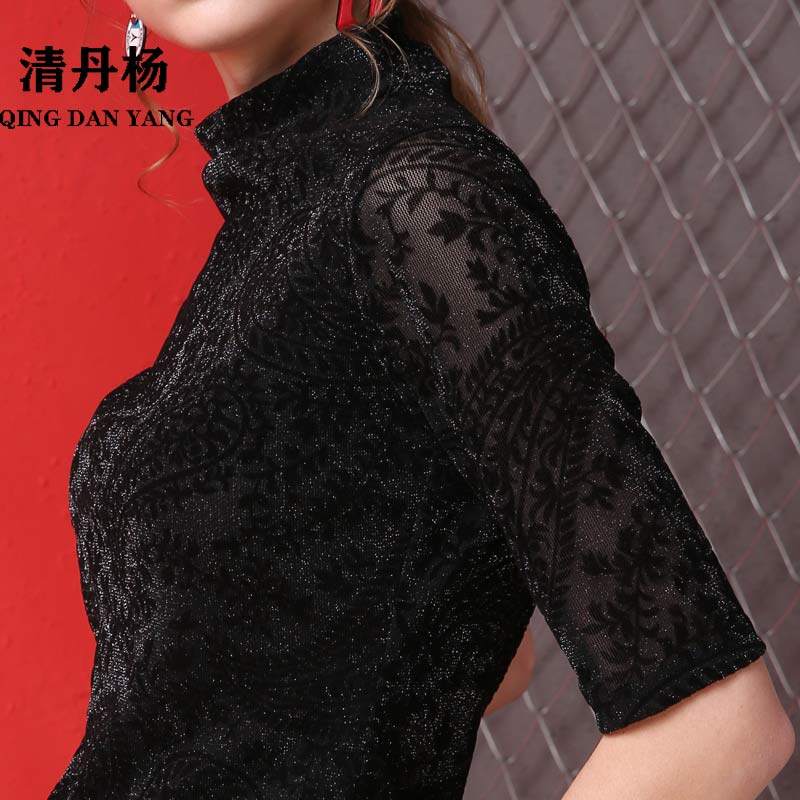 欧货秋装新款植绒中袖上衣女七分袖黑色t恤高领打底衫女春秋百搭