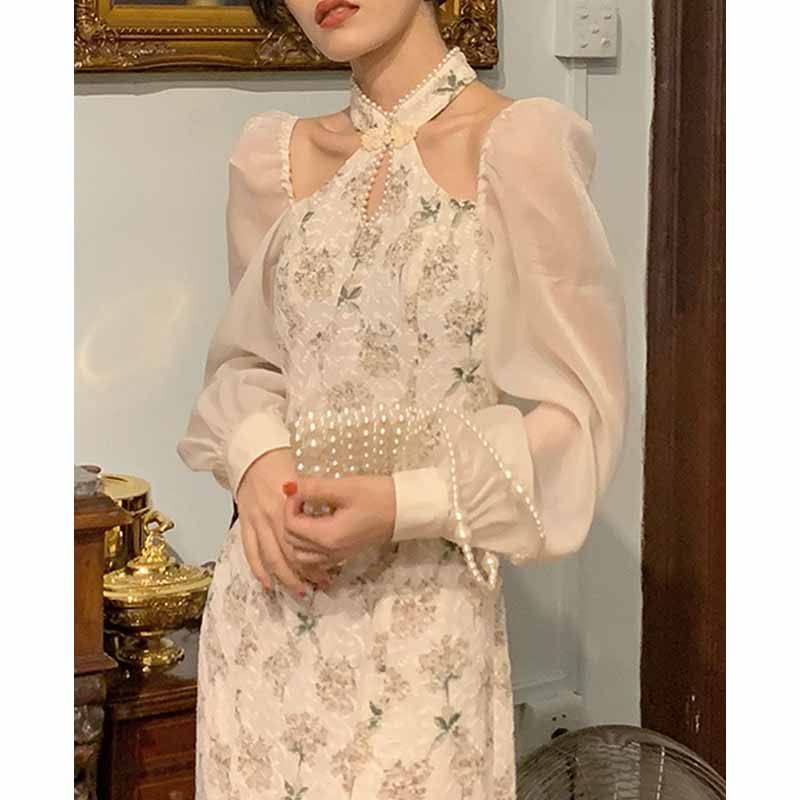 法式早秋设计感开叉修身连衣裙女刺绣茶歇仙女裙子改良国风旗袍秋