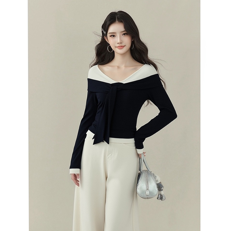 法式拼接V领绑带长袖T恤女设计感小众修身打底衫百搭气质上衣