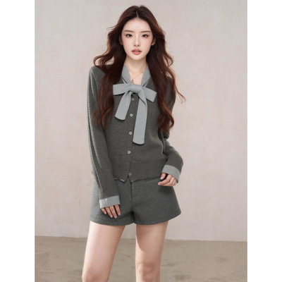 秋冬季复古拼接假两件开衫灰色韩系高级感针织宽松休闲上衣