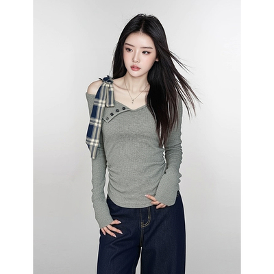 秋冬季灰色长袖t恤女不规则设计感蝴蝶结拼接修身显瘦针织上衣女