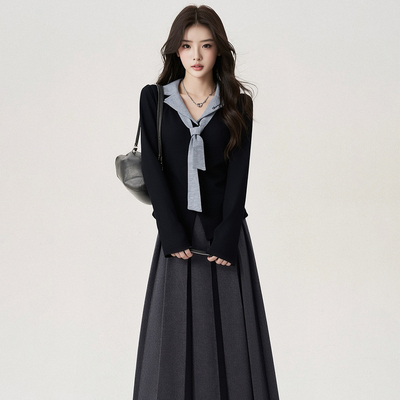 秋冬季新款黑色polo衫正肩t恤女设计感领带长袖小众显瘦气质上衣