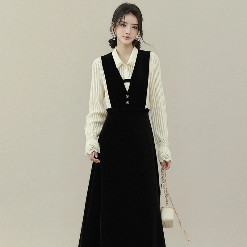 千金风黑白撞色连衣裙女