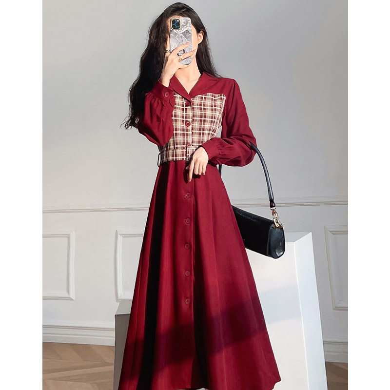 秋冬季红色复古高级感拼接格子连衣裙女气质小众设计感显瘦A字裙