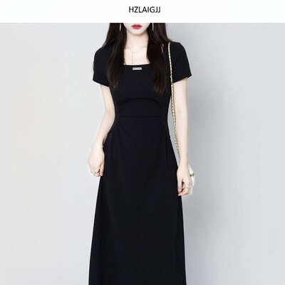 夏季新款法式小众方领连衣裙女