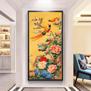 百鸟朝凤十字绣新款绣高端客厅竖版玄关新中式牡丹花鸟满绣41色